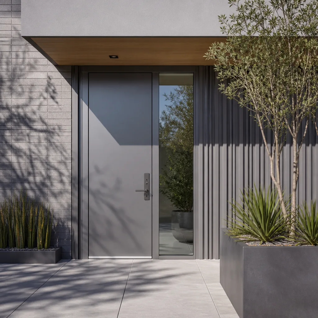 Modern gray front entry door installation on a contemporary home exterior