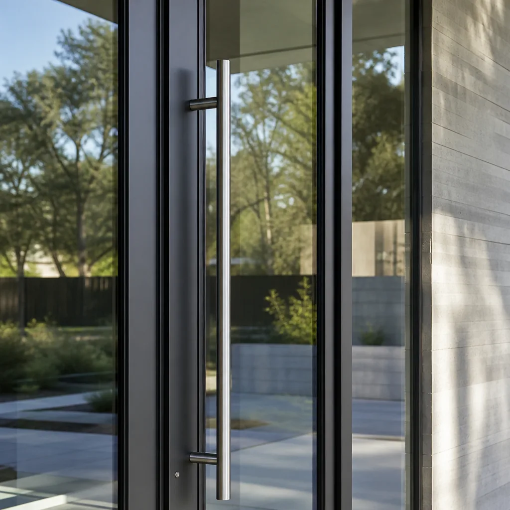 Modern glass door with sleek metal handle