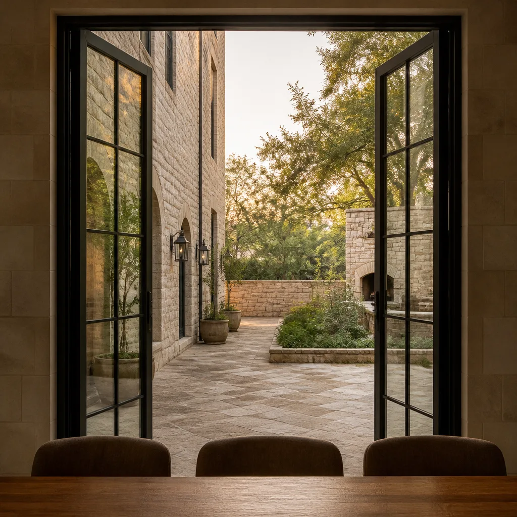 Luxury black metal French door installation opening to a stone courtyard