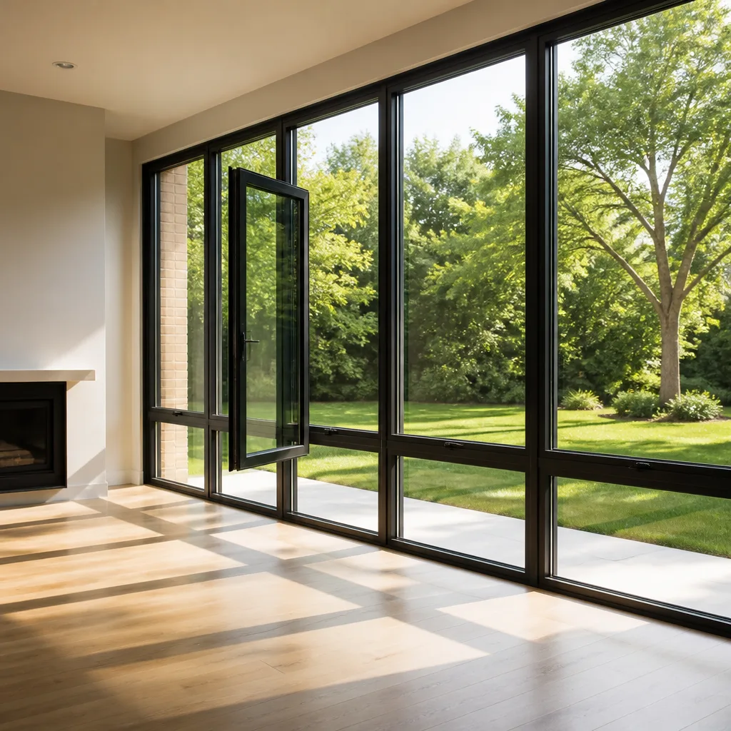 Modern black-framed window installation in a bright, contemporary residential home.