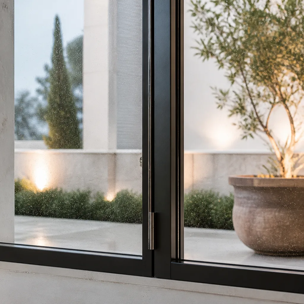 Modern black-framed windows and doors installed in a luxury residential home.