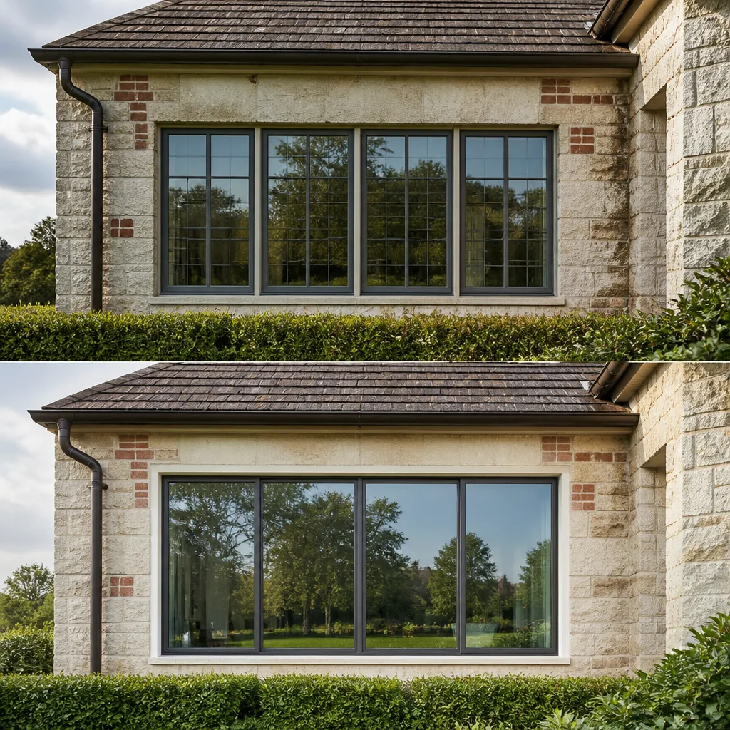 Before and after window replacement on a residential stone home exterior