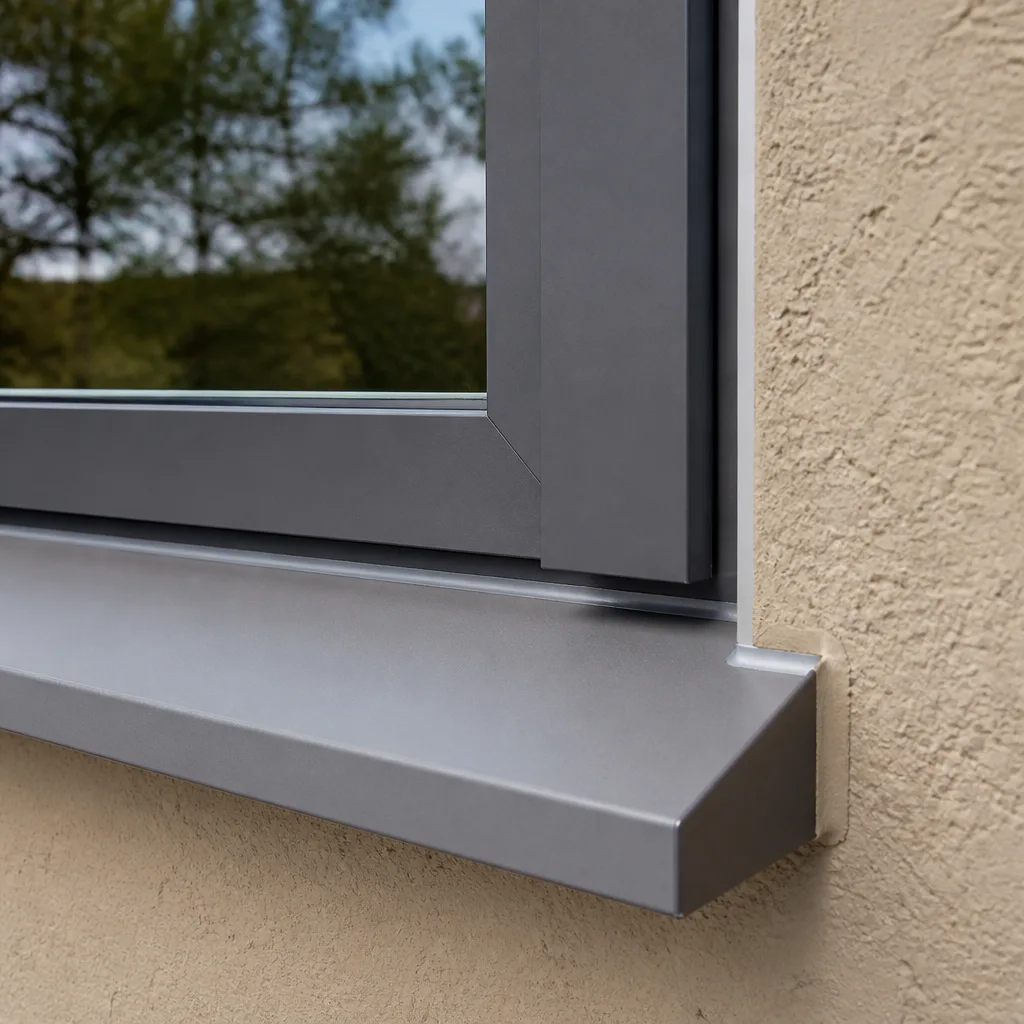 Modern grey window frame with metal sill on a textured wall