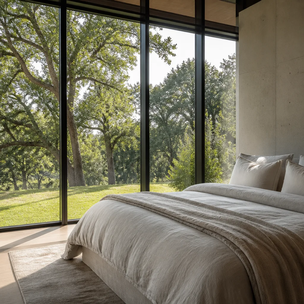 Modern floor to ceiling window wall in minimalist luxury bedroom